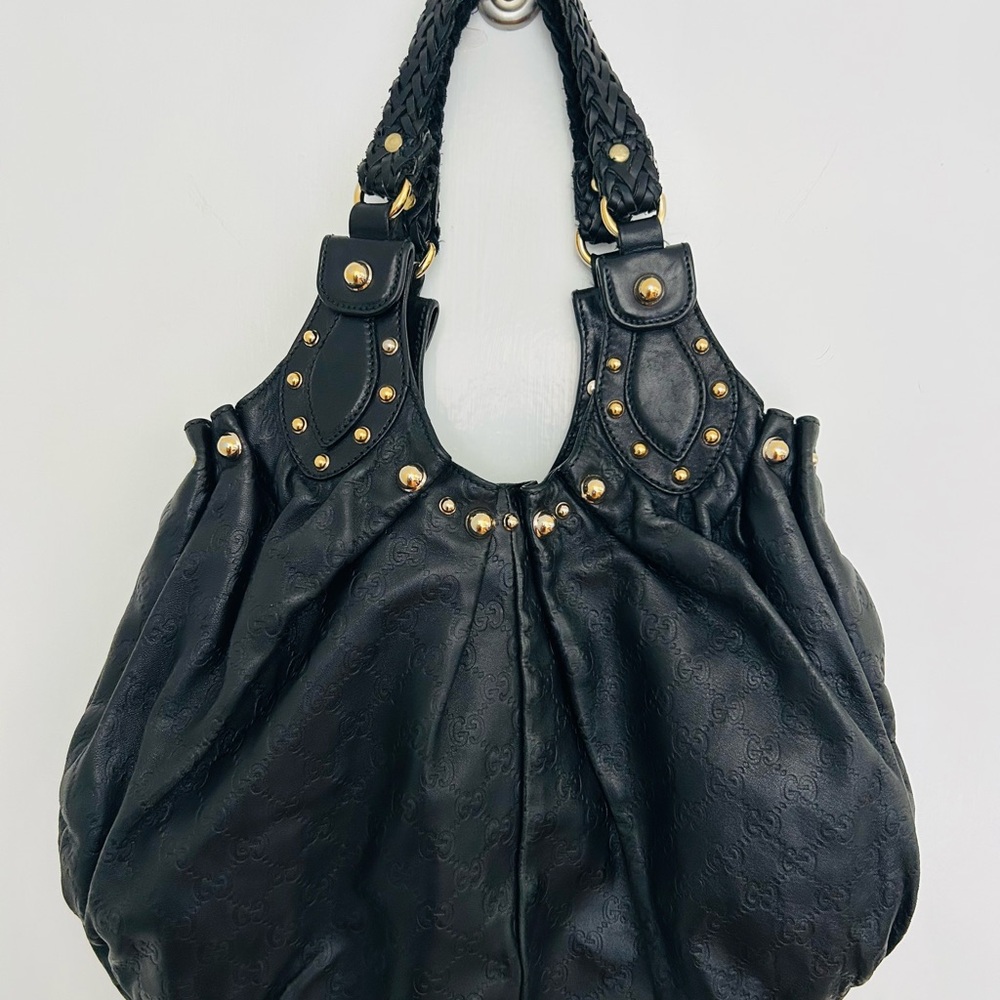 Gucci Pelham GG monogram leather Black and Gild tone studded horsebit canvas int